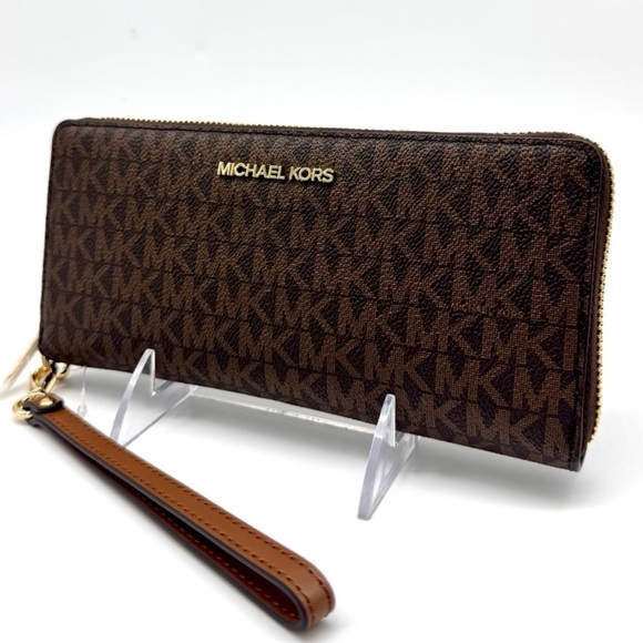 Michael Kors Large Jet Set Travel Signature Continental Wallet Wristlet Brown - Picture 1 of 8